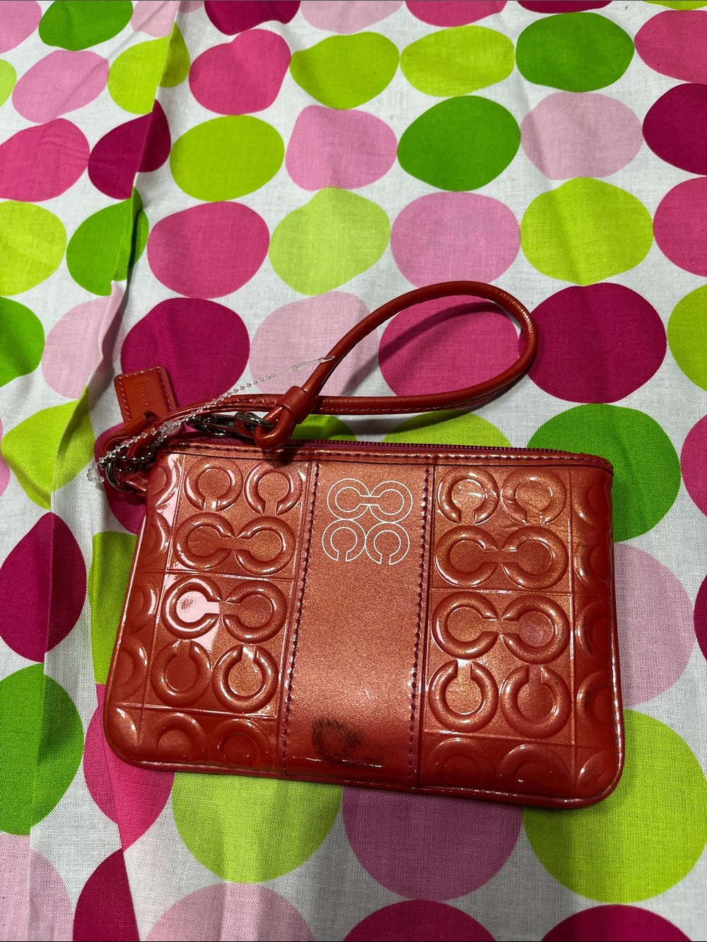 Coach Metallic Orange Signature Embossed Wristlet patent leather